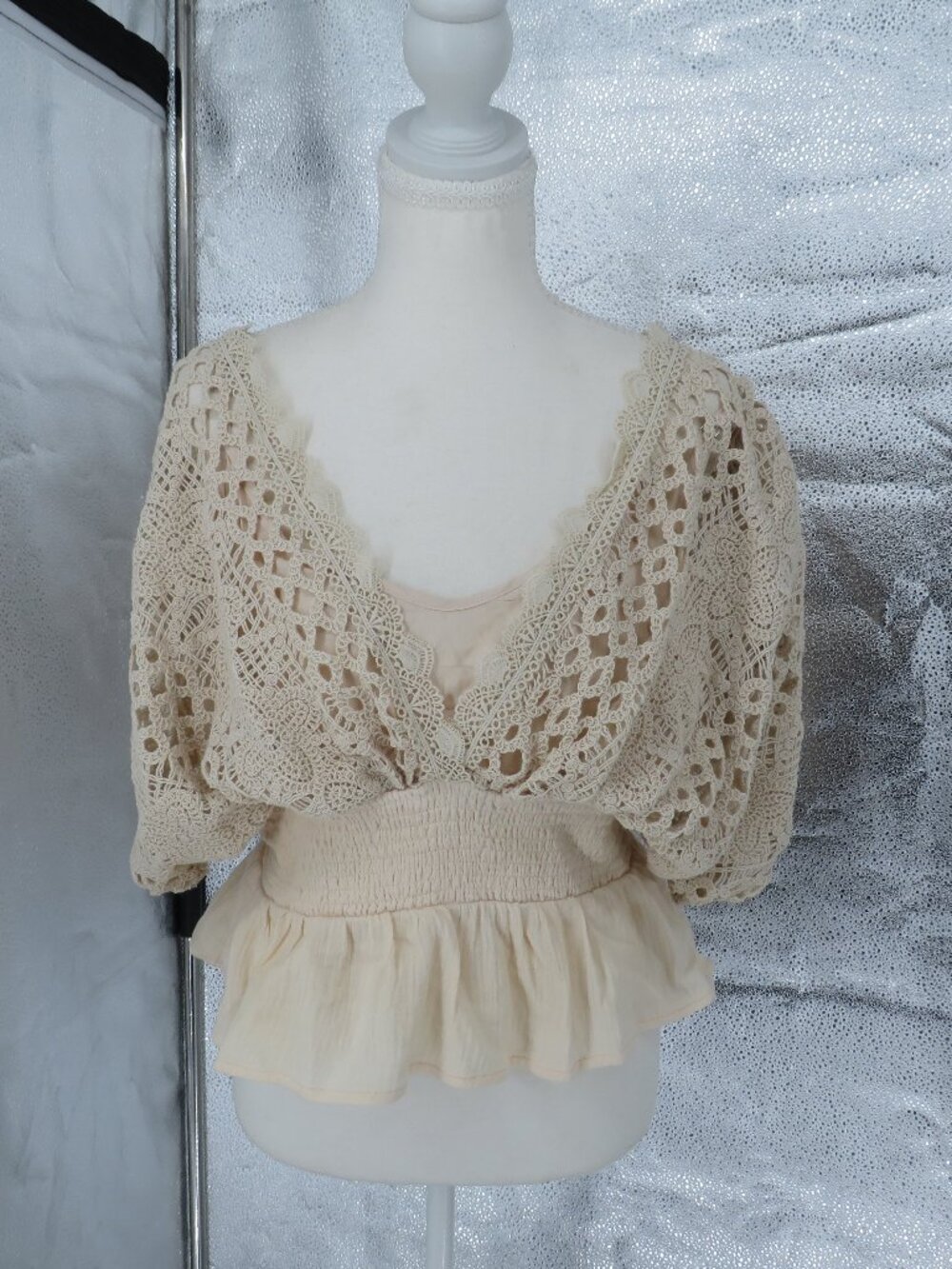 Miss Me Cream Crochet Peplum Blouse Large Beige Lace Boho Smocked Top Shirt